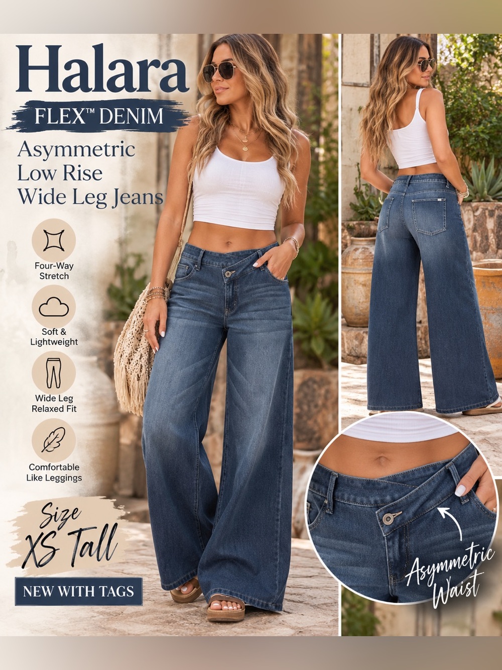 NWT Halara Flex Denim Asymmetric Low Rise Wide Leg Jeans XS Tall